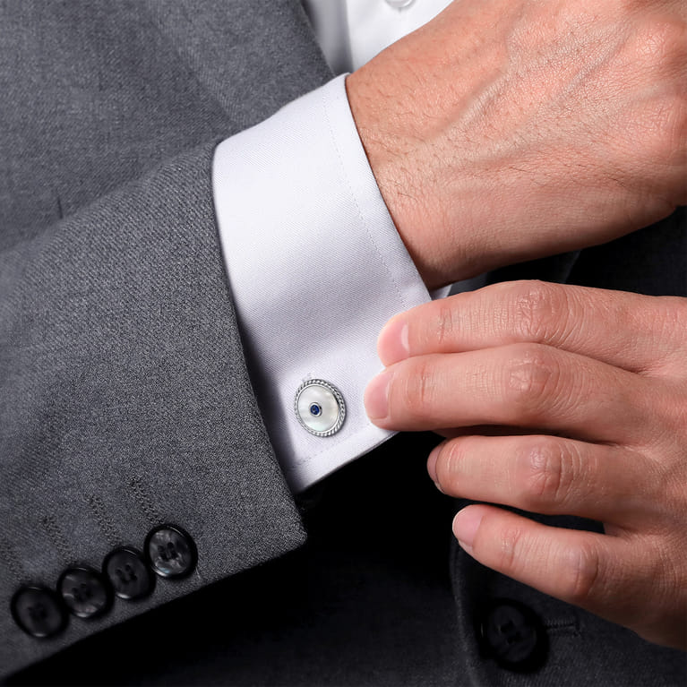 925 Sterling Silver Round Cufflinks with White Mother of Pearl and Sapphire - Shot 2