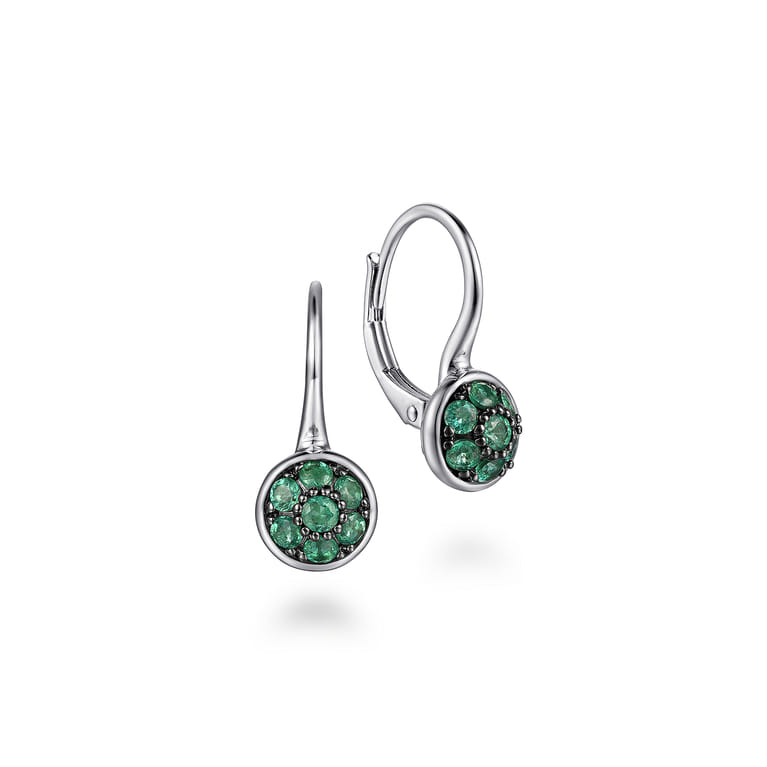925 Sterling Silver Round Emerald Cluster Leverback Drop Earrings - Shot 1