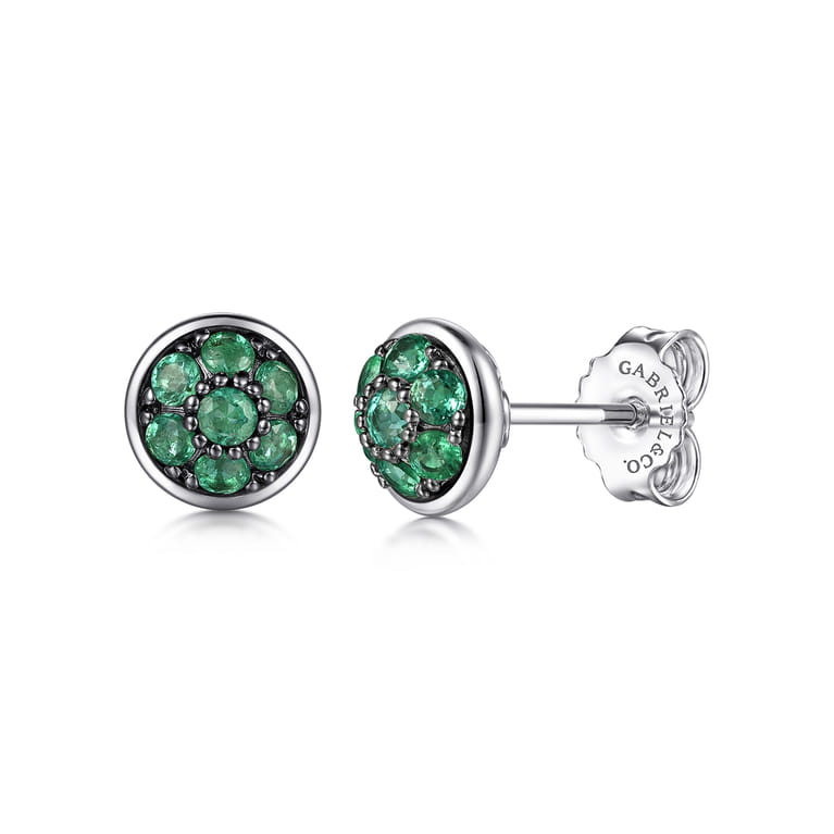 925 Sterling Silver Round Emerald Cluster Stud Earrings - Shot 1
