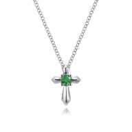 925 Sterling Silver Round Emerald Cross Necklace