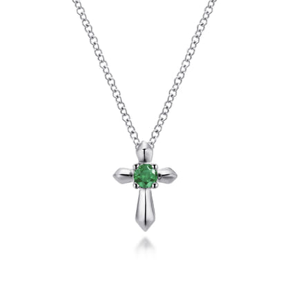 925 Sterling Silver Round Emerald Cross Necklace