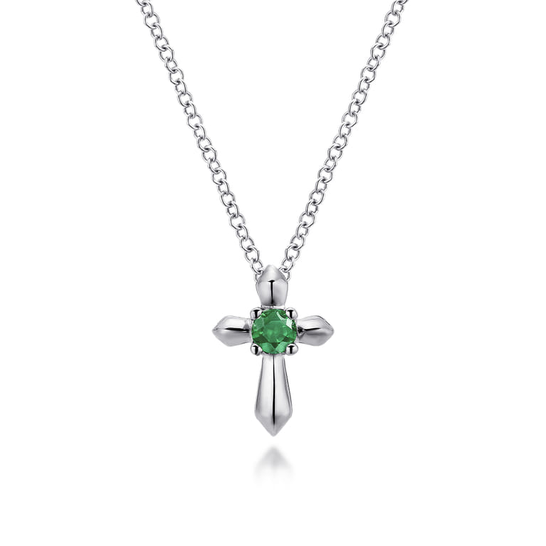 925 Sterling Silver Round Emerald Cross Necklace - Shot 1
