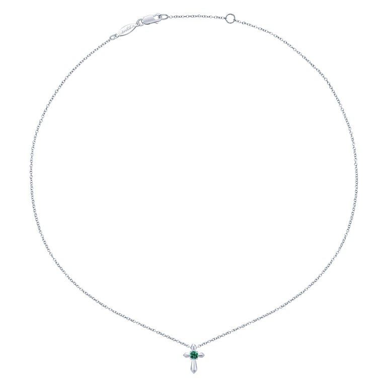 925 Sterling Silver Round Emerald Cross Necklace - Shot 2