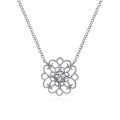 925 Sterling Silver Round Filigree White Sapphire Pendant Necklace
