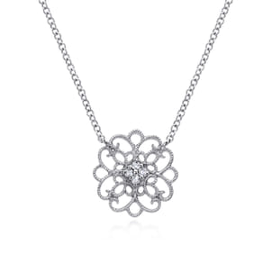925 Sterling Silver Round Filigree White Sapphire Pendant Necklace
