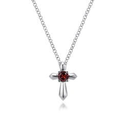 925 Sterling Silver Round Garnet Cross Necklace