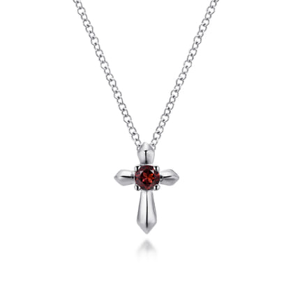 925 Sterling Silver Round Garnet Cross Necklace