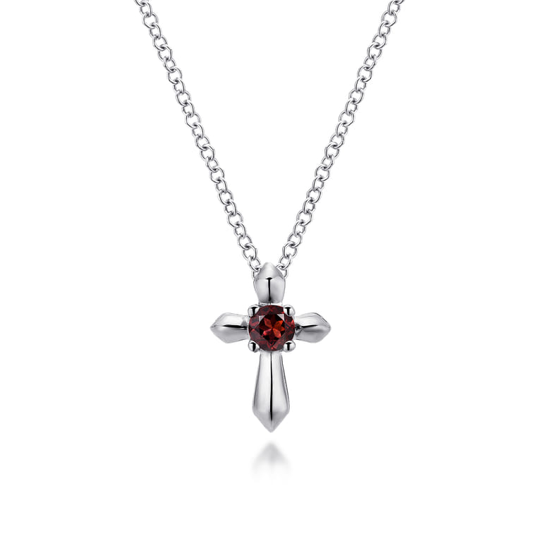 925 Sterling Silver Round Garnet Cross Necklace - Shot 1