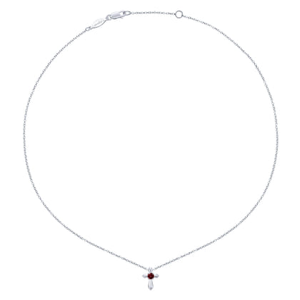 925 Sterling Silver Round Garnet Cross Necklace