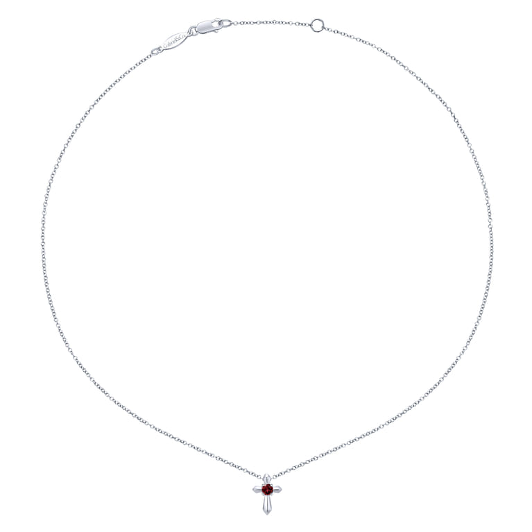 925 Sterling Silver Round Garnet Cross Necklace - Shot 2