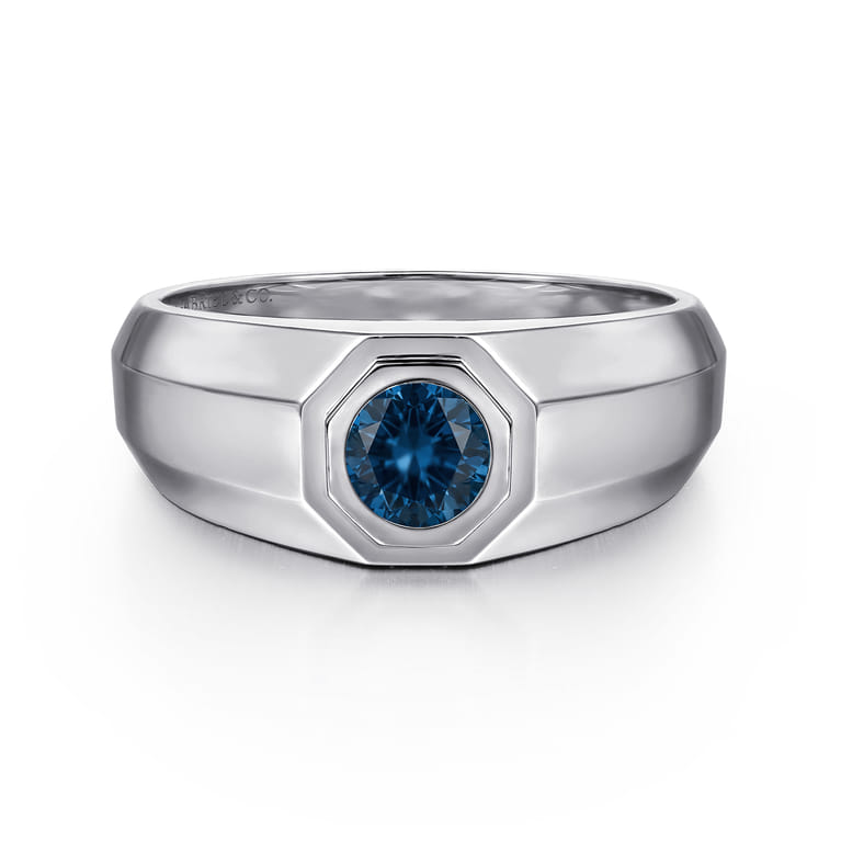 925 Sterling Silver Round London Blue Topaz Mens Engagement Ring in High Polish Finish - Shot 1