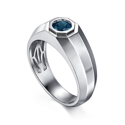925 Sterling Silver Round London Blue Topaz Mens Engagement Ring in High Polish Finish