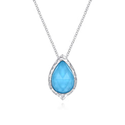 925 Sterling Silver Round Rock Crystal Turquoise Doublet Teardrop Pendant Necklace