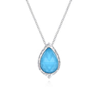 925 Sterling Silver Round Rock Crystal Turquoise Doublet Teardrop Pendant Necklace