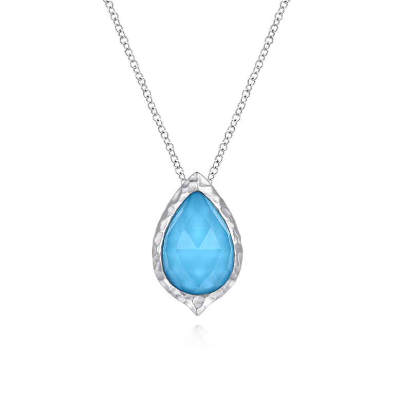 925 Sterling Silver Round Rock Crystal Turquoise Doublet Teardrop Pendant Necklace - Shot 1