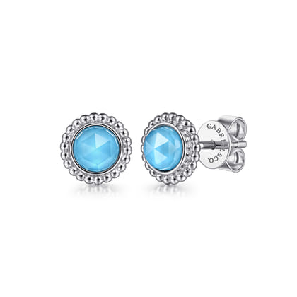 925 Sterling Silver Round Rock Crystal Turquoise Stud Earrings