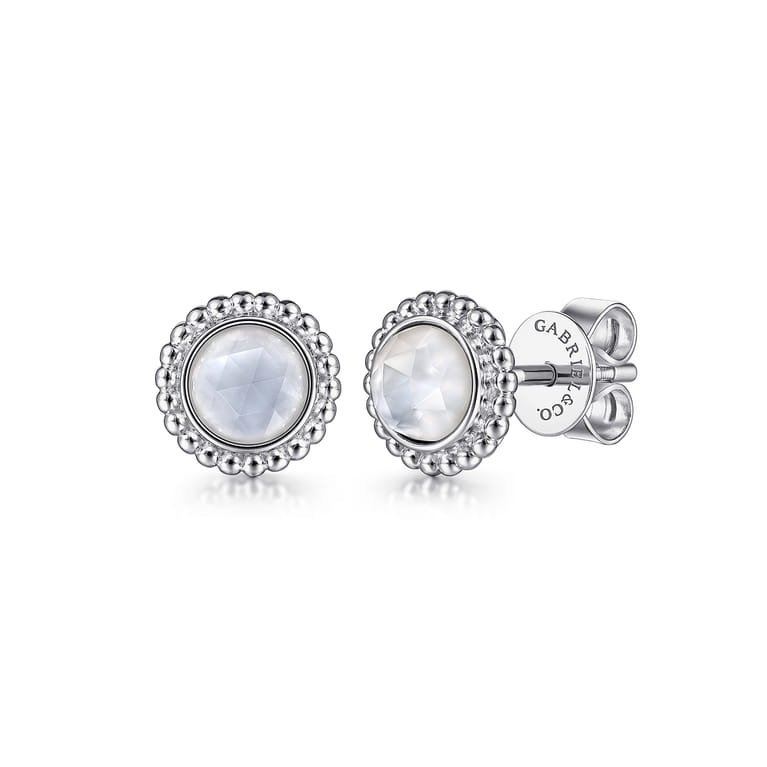 925 Sterling Silver Round Rock Crystal White MOP Stud Earrings - Shot 1