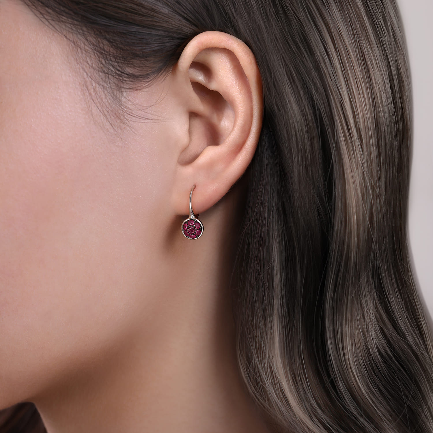 925 Sterling Silver Round Ruby Cluster Leverback Drop Earrings - Shot 2
