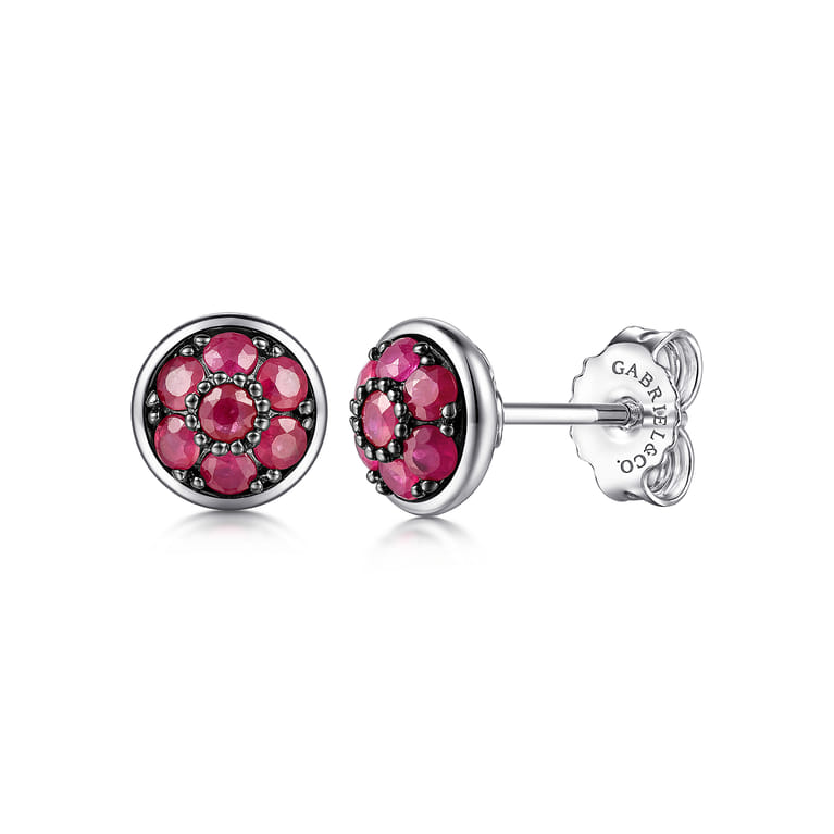 925 Sterling Silver Round Ruby Cluster Stud Earrings - Shot 1