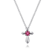 925 Sterling Silver Round Ruby Cross Pendant Necklace