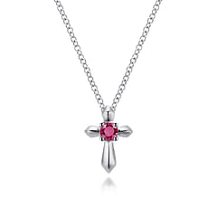 925 Sterling Silver Round Ruby Cross Pendant Necklace