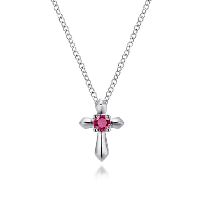 925 Sterling Silver Round Ruby Cross Pendant Necklace
