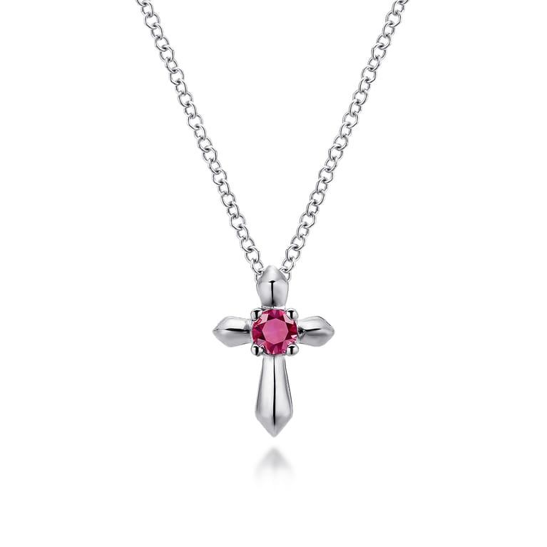925 Sterling Silver Round Ruby Cross Pendant Necklace - Shot 1