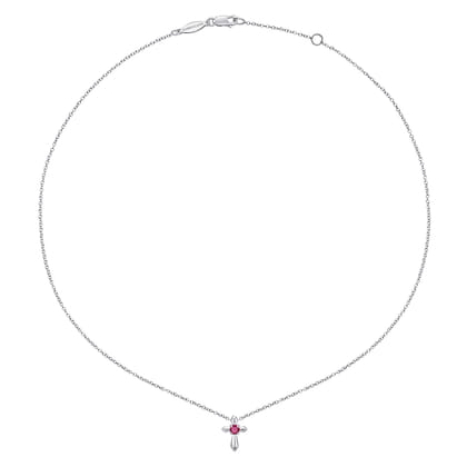 925 Sterling Silver Round Ruby Cross Pendant Necklace