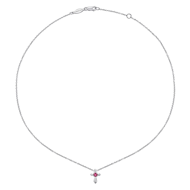 925 Sterling Silver Round Ruby Cross Pendant Necklace