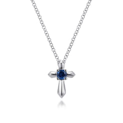 925 Sterling Silver Round Sapphire Cross Pendant Necklace
