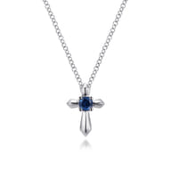 925 Sterling Silver Round Sapphire Cross Pendant Necklace