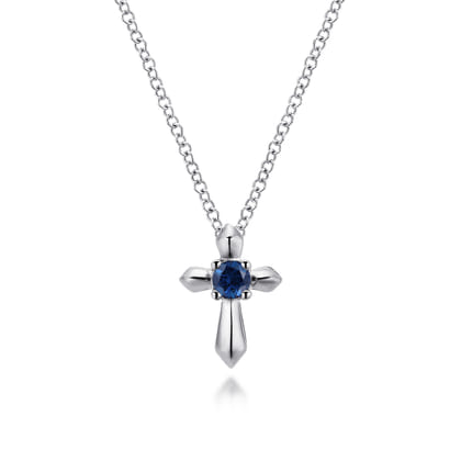 925 Sterling Silver Round Sapphire Cross Pendant Necklace