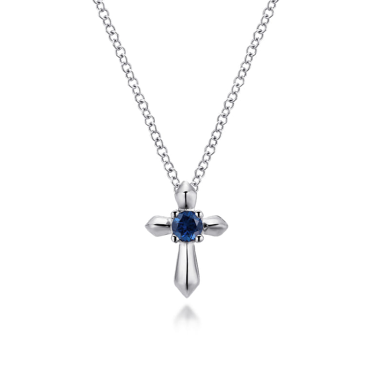 925 Sterling Silver Round Sapphire Cross Pendant Necklace - Shot 1