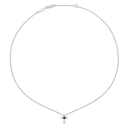 925 Sterling Silver Round Sapphire Cross Pendant Necklace