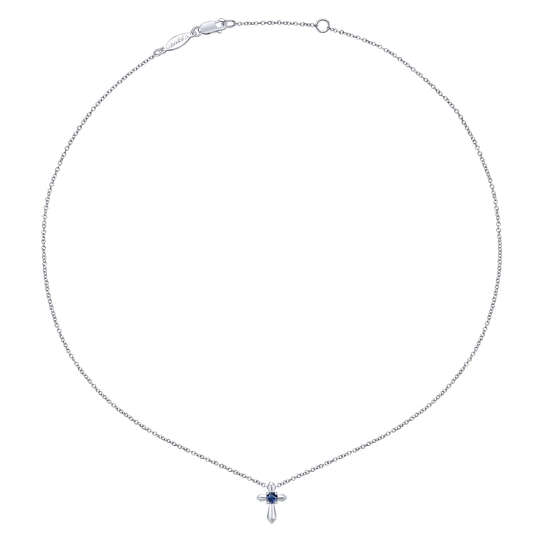 925 Sterling Silver Round Sapphire Cross Pendant Necklace - Shot 2
