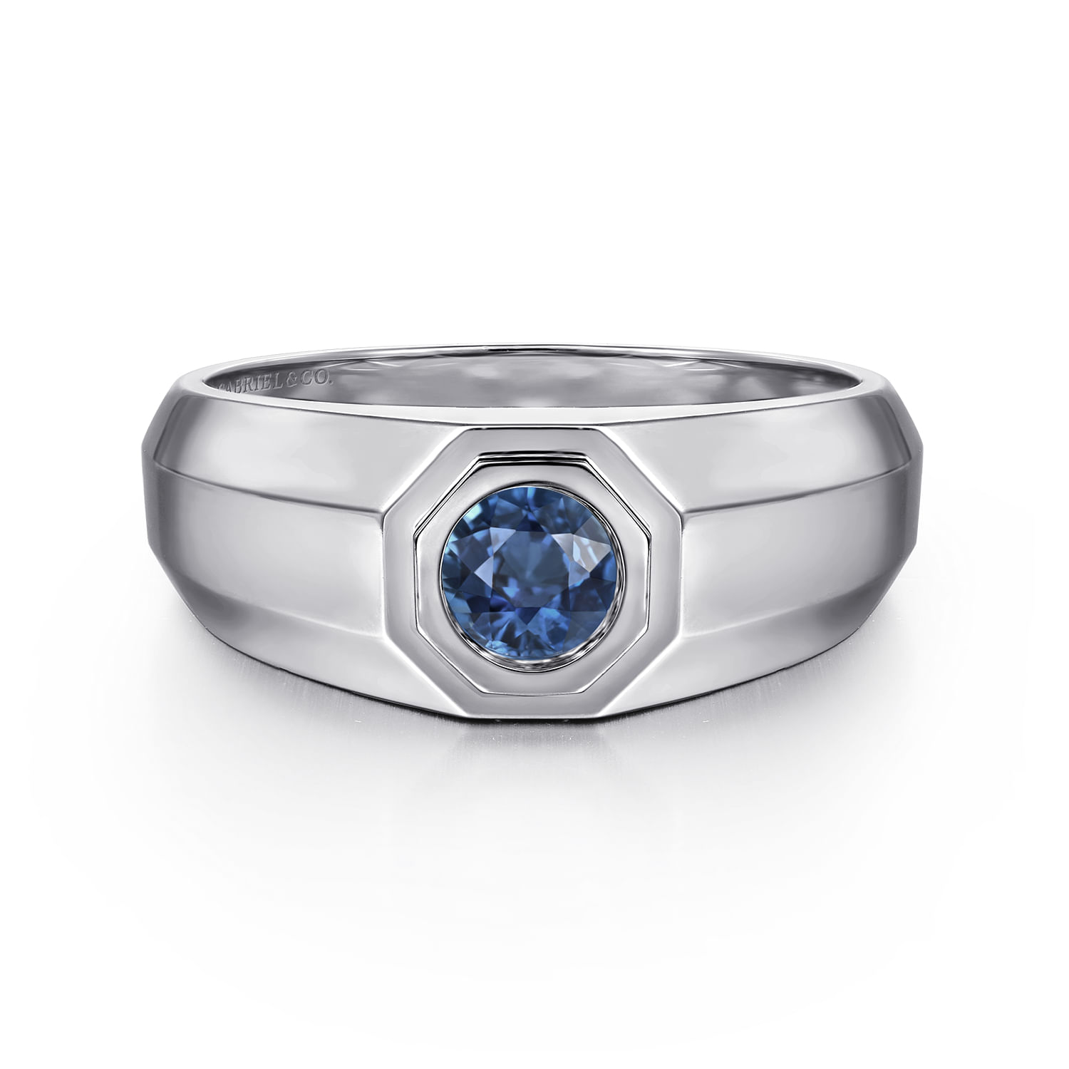 925 Sterling Silver Round Sapphire Mens Engagement Ring in High Polish Finish