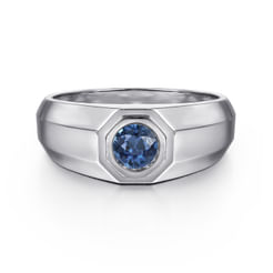 925 Sterling Silver Round Sapphire Mens Engagement Ring in High Polish Finish