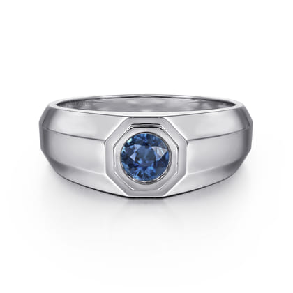 925 Sterling Silver Round Sapphire Mens Engagement Ring in High Polish Finish