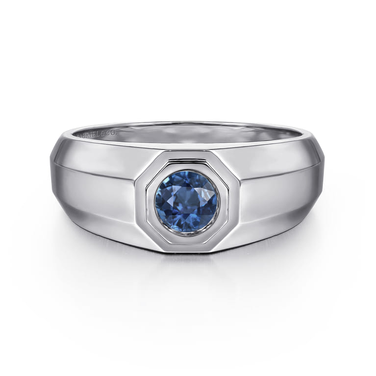 925 Sterling Silver Round Sapphire Mens Engagement Ring in High Polish Finish - Shot 1