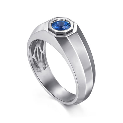 925 Sterling Silver Round Sapphire Mens Engagement Ring in High Polish Finish