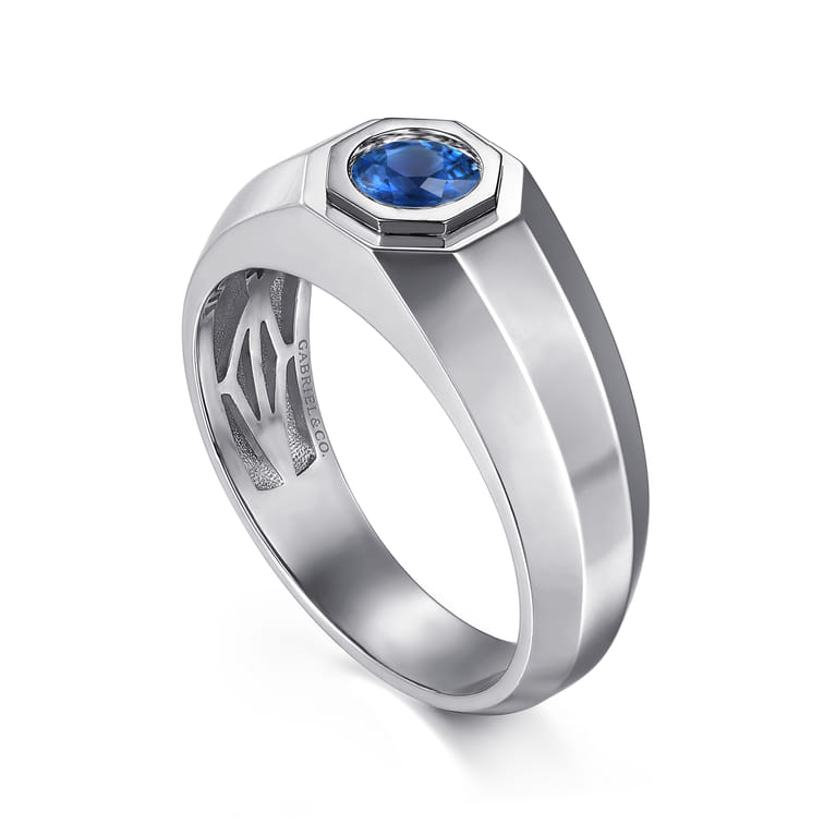 925 Sterling Silver Round Sapphire Mens Engagement Ring in High Polish Finish - Shot 3
