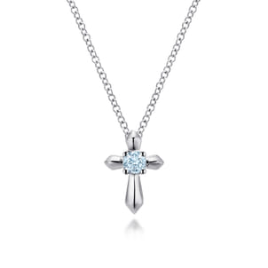 925 Sterling Silver Round Sky Blue Topaz Cross Necklace