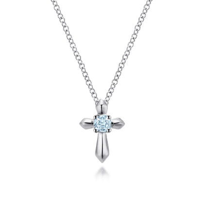 925 Sterling Silver Round Sky Blue Topaz Cross Necklace