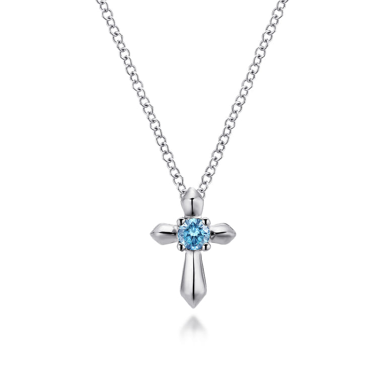 925 Sterling Silver Round Swiss Blue Topaz Cross Necklace - Shot 1