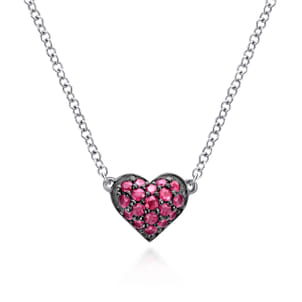 925 Sterling Silver Ruby Pave Heart Pendant Necklace
