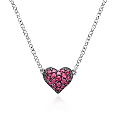 925 Sterling Silver Ruby Pave Heart Pendant Necklace