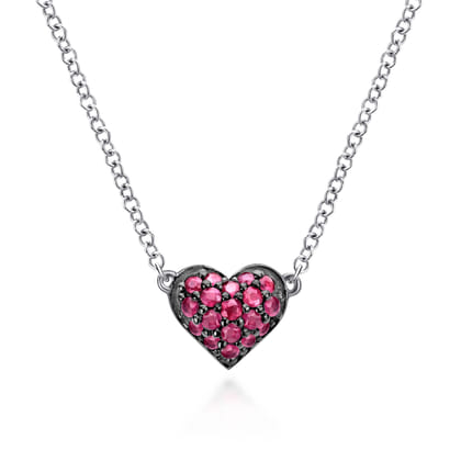 925 Sterling Silver Ruby Pave Heart Pendant Necklace