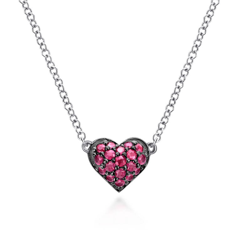 925 Sterling Silver Ruby Pave Heart Pendant Necklace - Shot 1