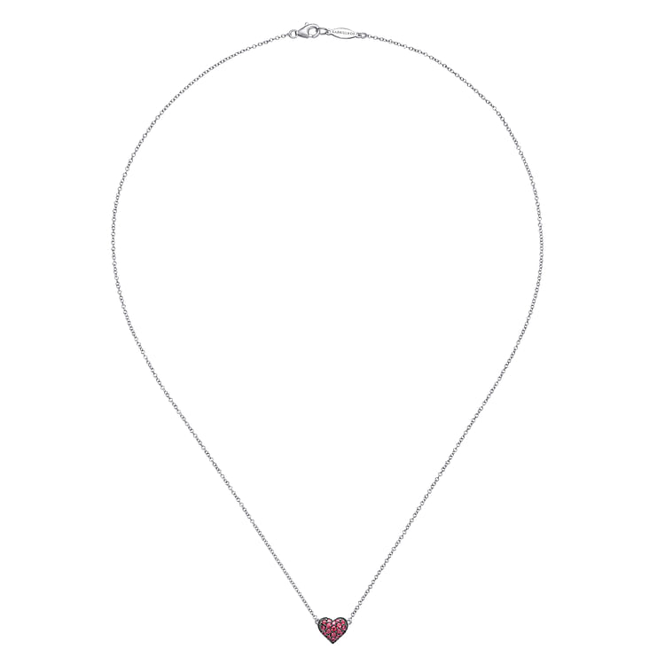 925 Sterling Silver Ruby Pave Heart Pendant Necklace