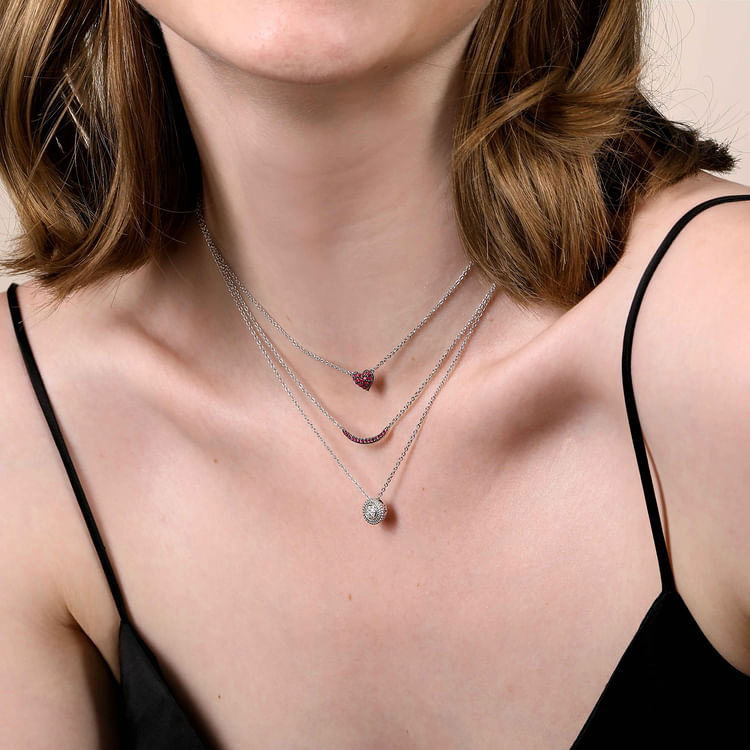 925 Sterling Silver Ruby Pave Heart Pendant Necklace